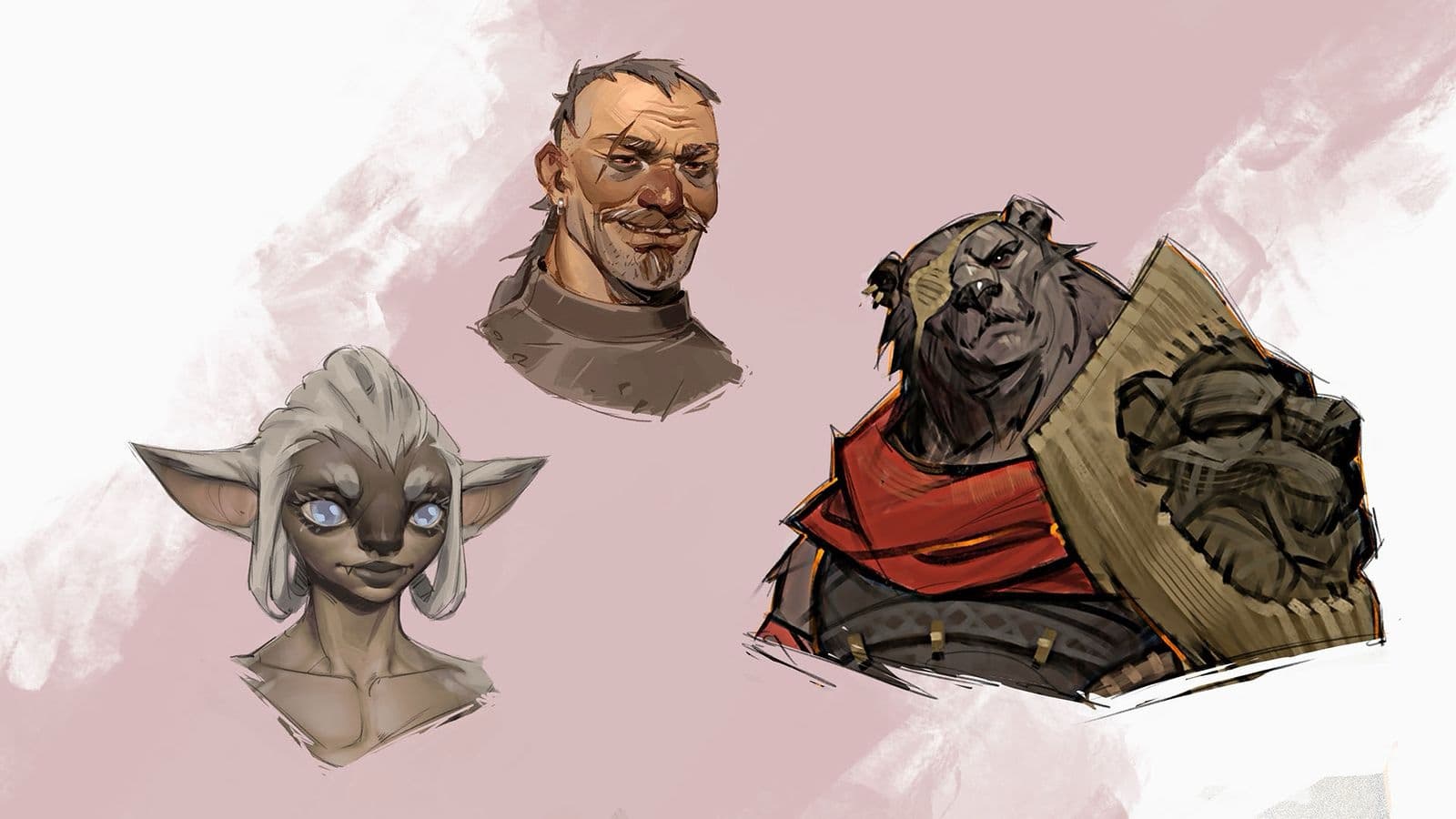 Concept art of three Guild Wars 3 playable species: an asura, a human, and a kodan